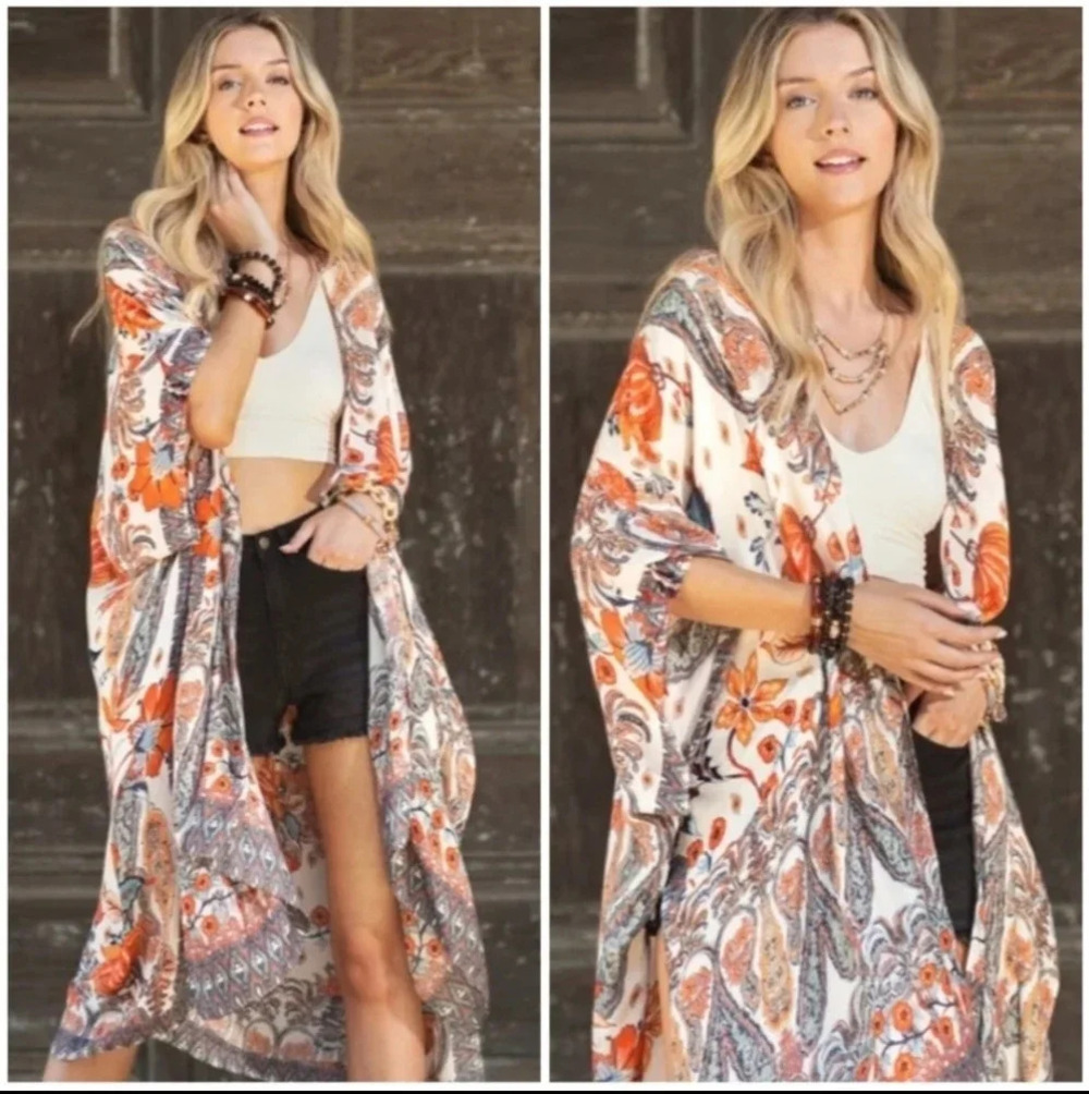 Ruggine Boho Floral Jacquard Kimono New